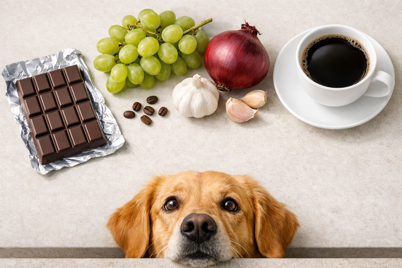 Various foods that are toxic to dogs and cats including chocolate, grapes, and onions
