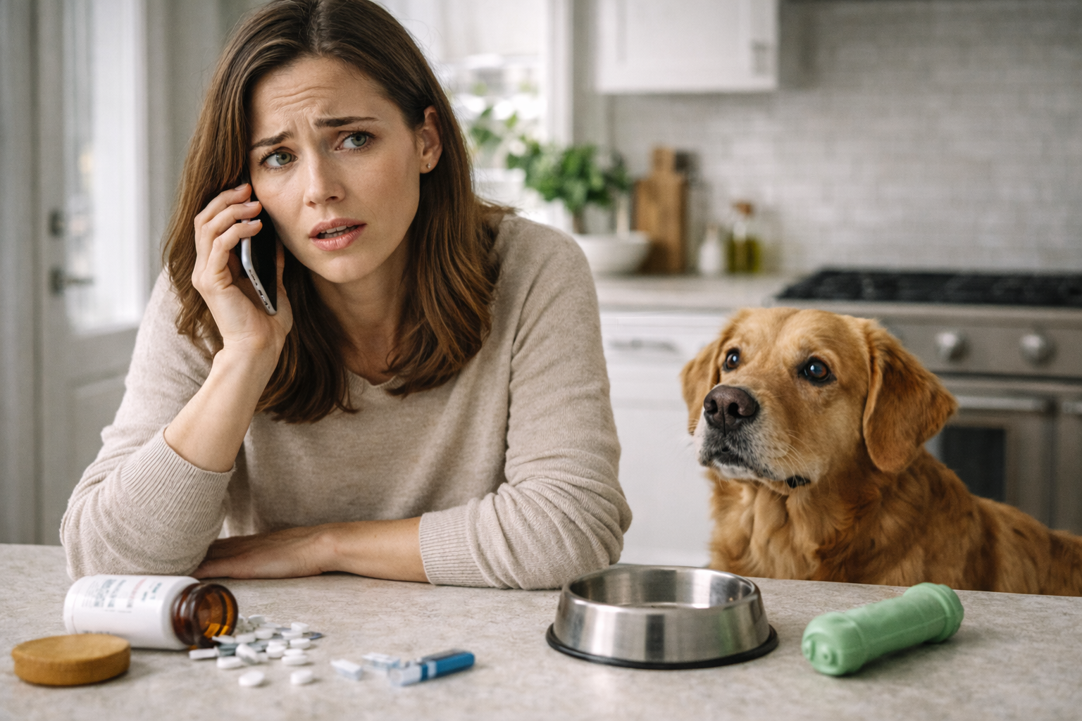 Pet owner on phone with veterinarian during emergency