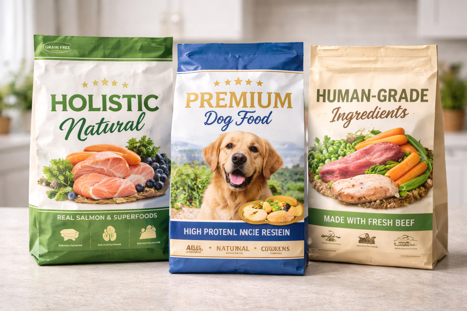 Various pet food packages showing different marketing labels and claims